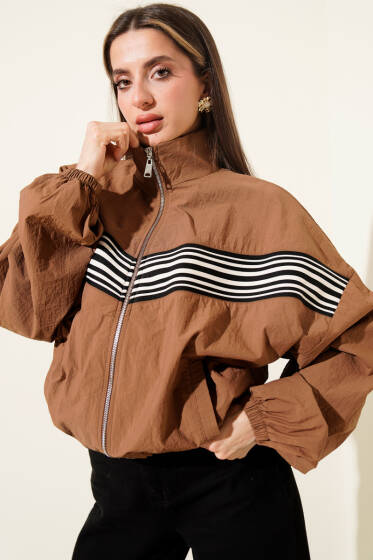 Önü Parça Çizgili Ceket Kahve - Kadın Giyim Modelleri