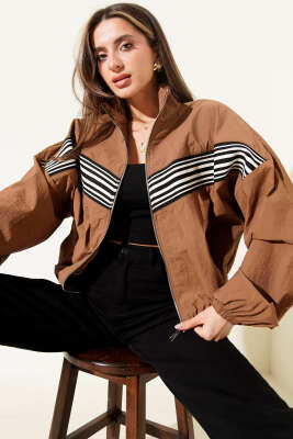 Önü Parça Çizgili Ceket Kahve - Kadın Giyim Modelleri