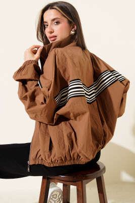 Önü Parça Çizgili Ceket Kahve - Kadın Giyim Modelleri