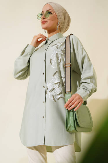 Önü Parlak Taş Detaylı Gömlek Mint - Gömlek