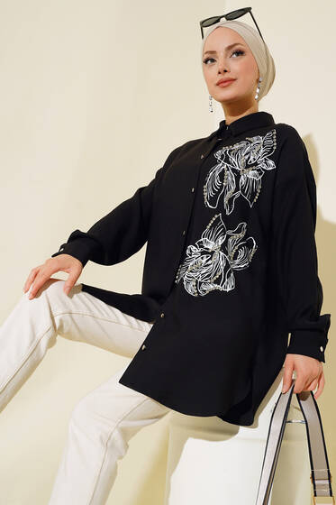 Önü Parlak Taş Detaylı Gömlek Siyah - Gömlek