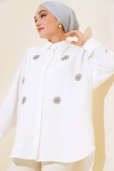 Önü Parlak Taşlı Gömlek Ekru - Gömlek