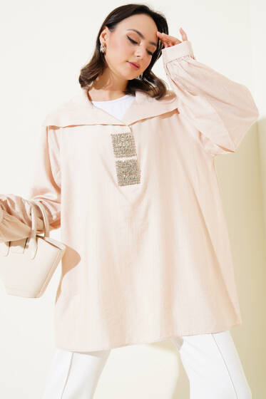 Önü Parlak Taşlı Oversize Tunik Bej - Tunik