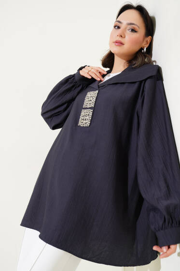 Önü Parlak Taşlı Oversize Tunik Antrasit - Tunik