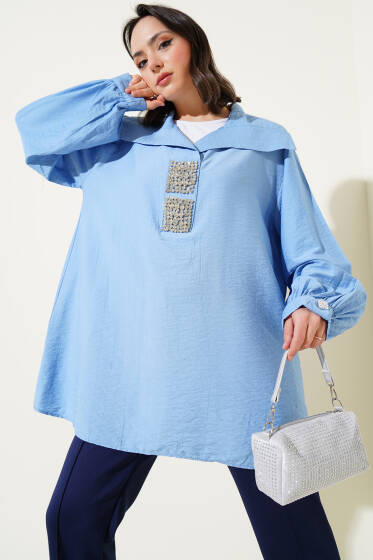 Önü Parlak Taşlı Oversize Tunik Mavi - Tunik