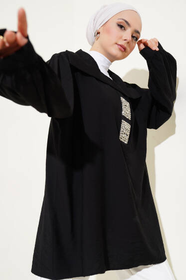 Önü Parlak Taşlı Oversize Tunik Siyah - Tunik
