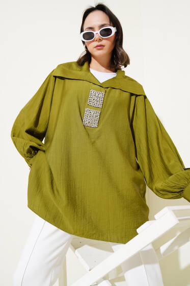 Önü Parlak Taşlı Oversize Tunik Yeşil - Tunik