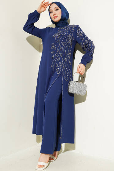 Önü Parlak Taşlı Uzun Tunik Büyük Beden İkili Takım Lacivert - İkili Takım