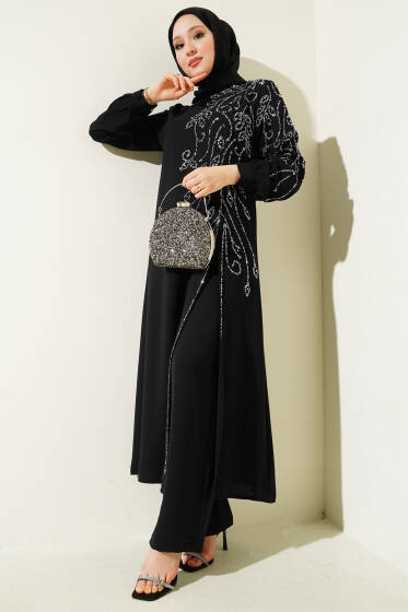 Önü Parlak Taşlı Uzun Tunik Büyük Beden İkili Takım Siyah - İkili Takım
