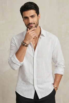 Önü Patlı Çizgili Erkek Keten Gömlek Beyaz - GİESTO