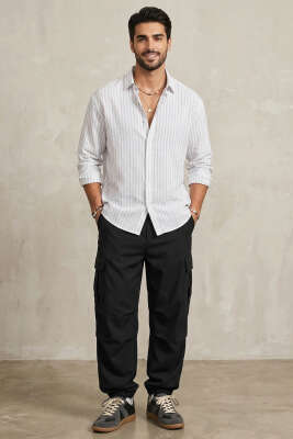 Önü Patlı Çizgili Erkek Keten Gömlek Beyaz - Erkek Gömlek