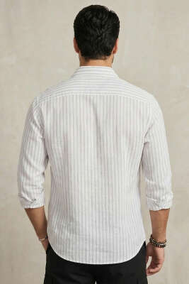 Önü Patlı Çizgili Erkek Keten Gömlek Beyaz - Erkek Gömlek