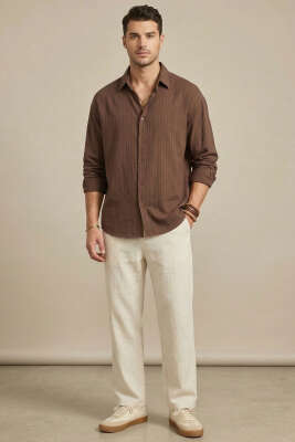 Önü Patlı Çizgili Erkek Keten Gömlek Kahve - Erkek Gömlek