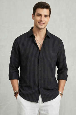 Önü Patlı Çizgili Erkek Keten Gömlek Siyah - GİESTO