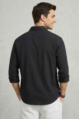 Önü Patlı Çizgili Erkek Keten Gömlek Siyah - Erkek Gömlek