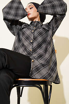 Önü Patlı Ekose Gömlek Füme - DESTİNA