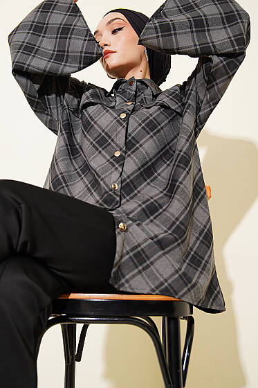 Önü Patlı Ekose Gömlek Füme - Gömlek