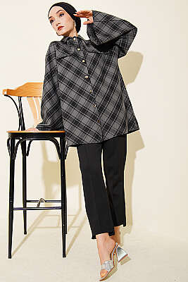 Önü Patlı Ekose Gömlek Füme - Gömlek