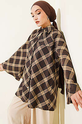 Önü Patlı Ekose Gömlek Kahve - DESTİNA