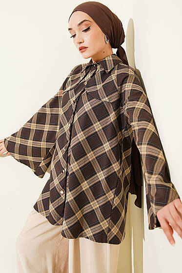 Önü Patlı Ekose Gömlek Kahve - Gömlek