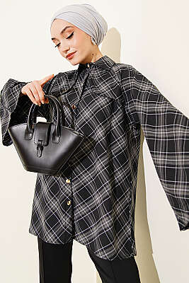 Önü Patlı Ekose Gömlek Siyah - DESTİNA