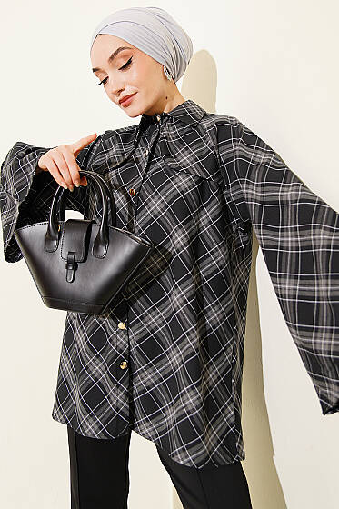 Önü Patlı Ekose Gömlek Siyah - Gömlek