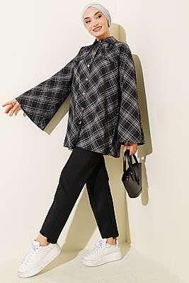 Önü Patlı Ekose Gömlek Siyah - Gömlek
