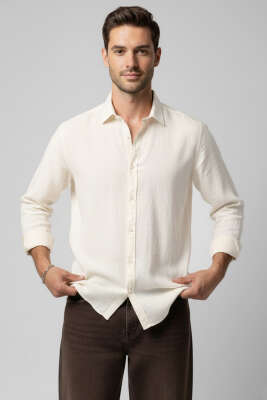 Önü Patlı Keten Erkek Gömlek Beyaz - GAVAZZİ