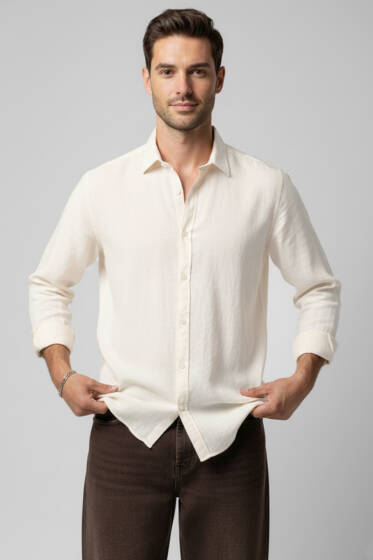 Önü Patlı Keten Erkek Gömlek Beyaz - Erkek Gömlek