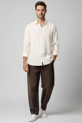 Önü Patlı Keten Erkek Gömlek Beyaz - Erkek Gömlek