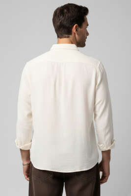 Önü Patlı Keten Erkek Gömlek Beyaz - Erkek Gömlek