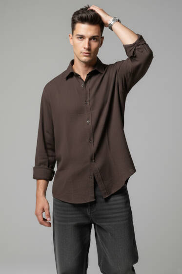 Önü Patlı Keten Erkek Gömlek Kahve - Erkek Gömlek