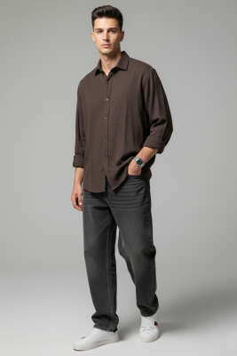 Önü Patlı Keten Erkek Gömlek Kahve - Erkek Gömlek