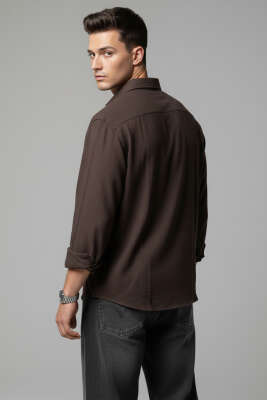 Önü Patlı Keten Erkek Gömlek Kahve - Erkek Gömlek