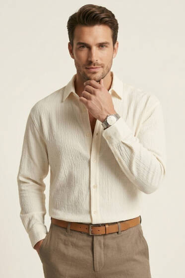 Önü Patlı Keten Erkek Gömlek Krem - Erkek Gömlek