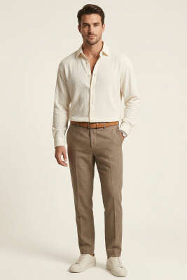 Önü Patlı Keten Erkek Gömlek Krem - Erkek Gömlek