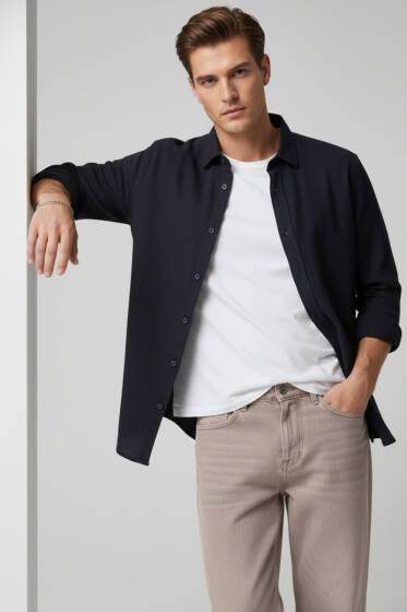 Önü Patlı Keten Erkek Gömlek Lacivert - Erkek Gömlek