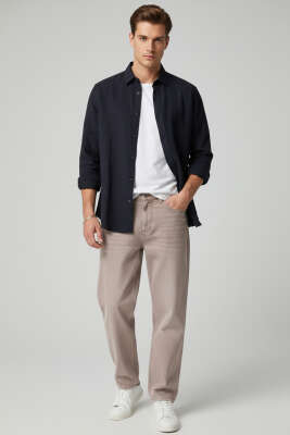 Önü Patlı Keten Erkek Gömlek Lacivert - Erkek Gömlek