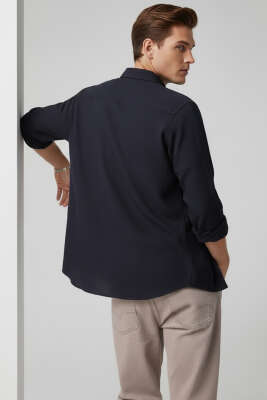 Önü Patlı Keten Erkek Gömlek Lacivert - Erkek Gömlek