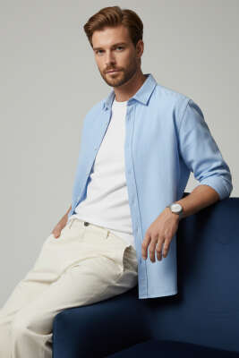 Önü Patlı Keten Erkek Gömlek Mavi - GAVAZZİ