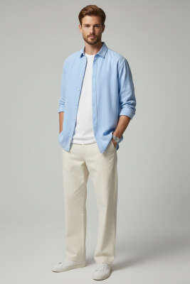 Önü Patlı Keten Erkek Gömlek Mavi - Erkek Gömlek