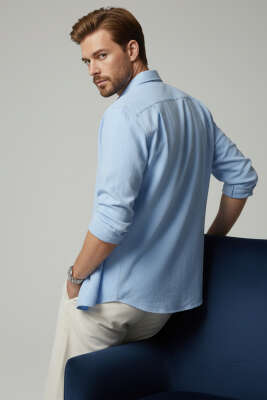 Önü Patlı Keten Erkek Gömlek Mavi - Erkek Gömlek