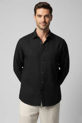 Önü Patlı Keten Erkek Gömlek Siyah - GAVAZZİ