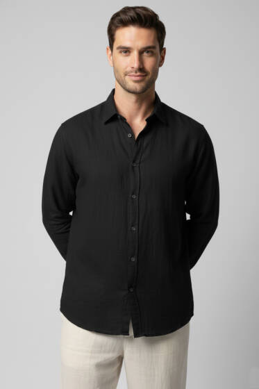 Önü Patlı Keten Erkek Gömlek Siyah - Erkek Gömlek
