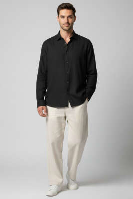 Önü Patlı Keten Erkek Gömlek Siyah - Erkek Gömlek