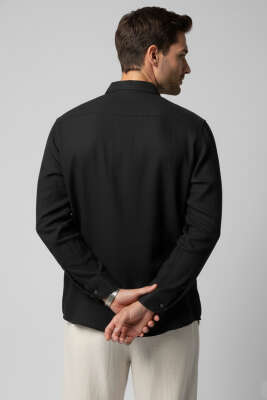 Önü Patlı Keten Erkek Gömlek Siyah - Erkek Gömlek