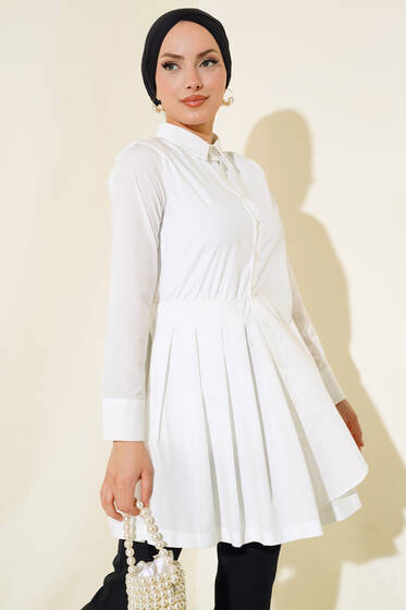 Önü Pelerin Detaylı Pileli Tunik Beyaz - Tunik