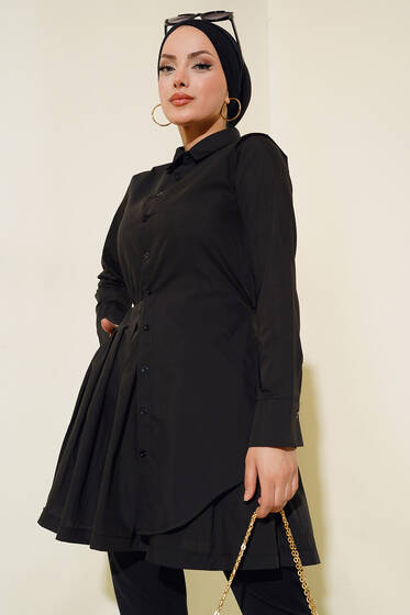 Önü Pelerin Detaylı Pileli Tunik Siyah - Tunik