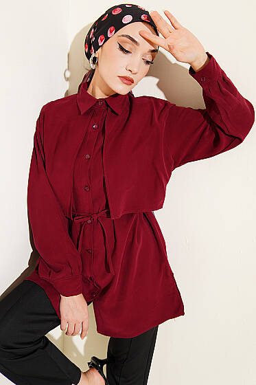 Önü Pelerinli İp Kuşaklı Tensel Gömlek Bordo - Gömlek