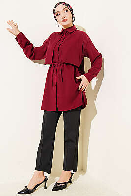 Önü Pelerinli İp Kuşaklı Tensel Gömlek Bordo - Gömlek